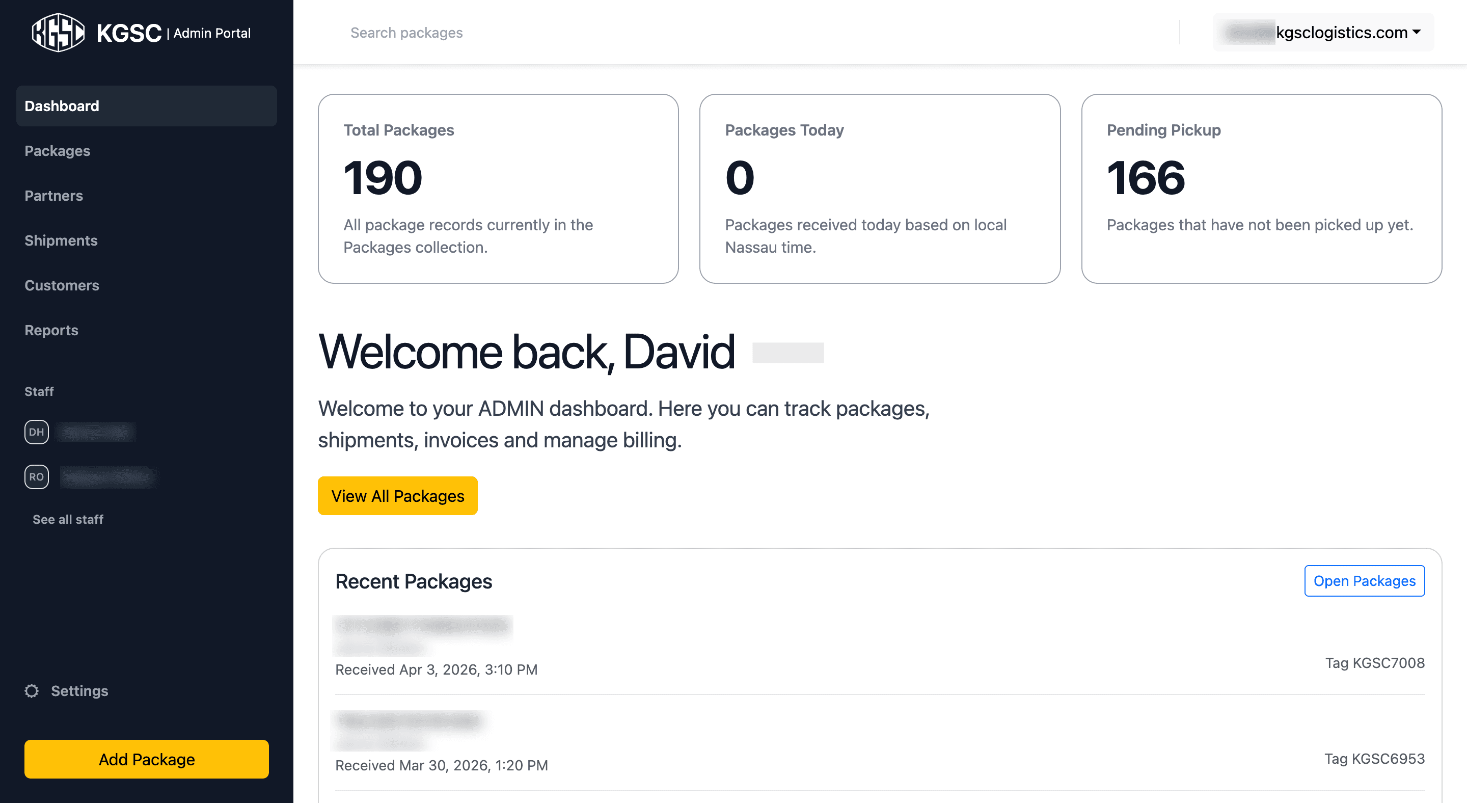 RipTide-style operations dashboard for package and logistics administration
